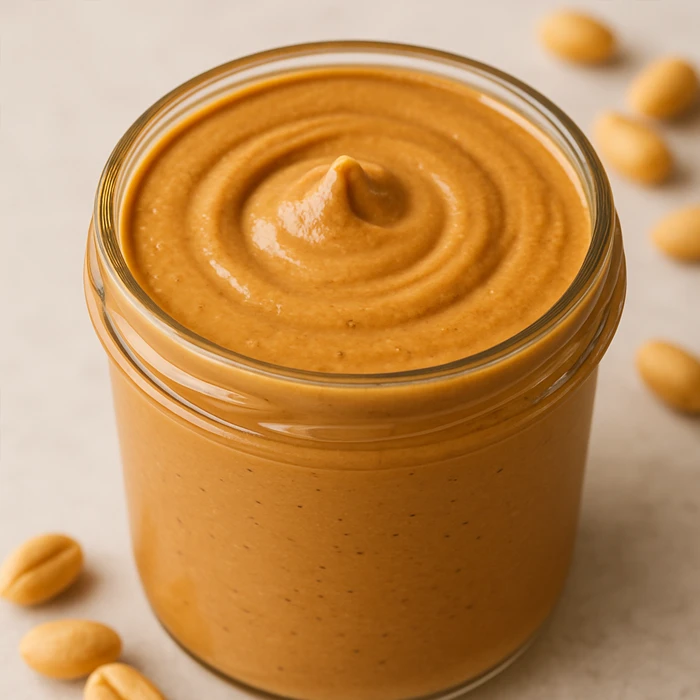 peanut butter 2 Close-up of a glass jar filled with smooth, creamy homemade peanut butter, with a swirl on top and whole peanuts scattered in the background.