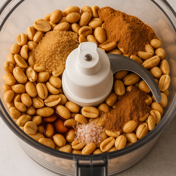 peanut butter Top-down view of a food processor filled with roasted peanuts, coconut sugar, cinnamon, pink Himalayan salt, and vanilla essence, ready to be blended into homemade peanut butter.