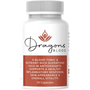 White supplement bottle labeled ‘Dragon’s Blood’ with a red lotus icon. Description highlights it as a blood tonic and antioxidant-rich superfood that supports skin, inflammation response, and vitality. Contains 30 capsules.