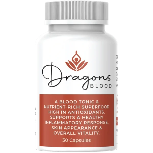 White supplement bottle labeled ‘Dragons Blood’ with a red lotus icon. Description highlights it as a blood tonic and antioxidant-rich superfood that supports skin, inflammation response, and vitality. Contains 30 capsules.