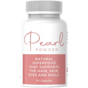 White supplement bottle labeled ‘Pearl Powder’ with a blush pink lotus icon. Description states it’s a natural superfood supporting hair, skin, eyes, and nails. Contains 30 capsules.
