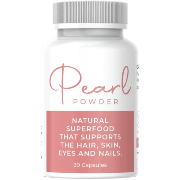 White supplement bottle labeled ‘Pearl Powder’ with a blush pink lotus icon. Description states it’s a natural superfood supporting hair, skin, eyes, and nails. Contains 30 capsules.