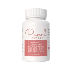 Pearl Powder South Africa supplement bottle – natural superfood capsules that support hair, skin, eyes, and nails – 30 capsules.