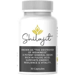 White supplement bottle labeled ‘Shilajit’ with a golden lotus icon. Tagline reads: Known as ‘The Destroyer of Weakness.’ Contains 30 capsules supporting energy, resilience, and vitality.