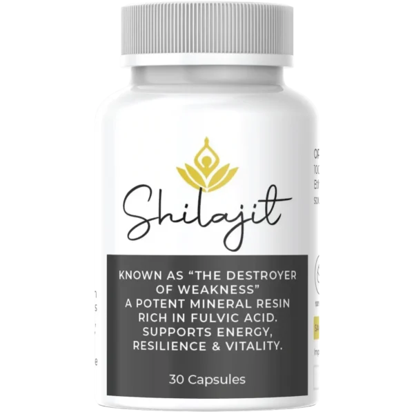 White supplement bottle labeled ‘Shilajit’ with a golden lotus icon. Tagline reads: Known as ‘The Destroyer of Weakness.’ Contains 30 capsules supporting energy, resilience, and vitality.