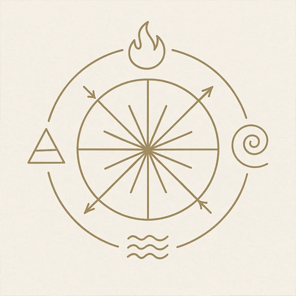 elements Minimalist sacred geometry symbol of the medicine wheel featuring elemental symbols for fire, water, earth, air, and spirit — representing the interconnectedness of the elements and the four sacred directions in ceremonial practice.